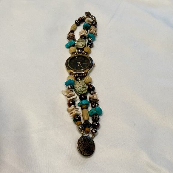 Jean Bellve Beaded Bracelet Watch Gold Tone Black Face Turquoise Shell Beads - Picture 4 of 11